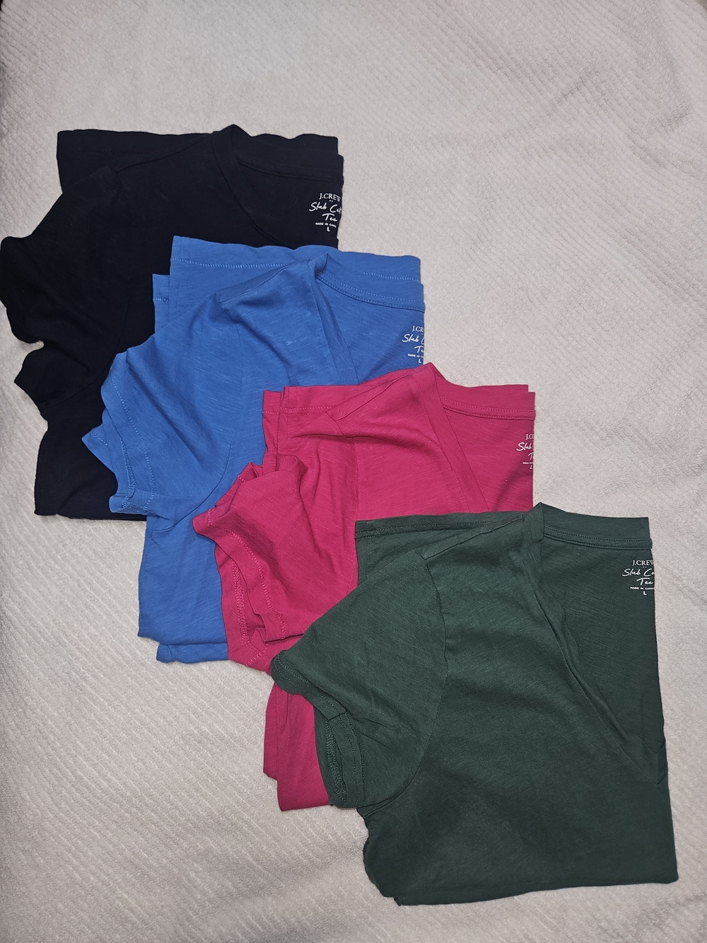 J. Crew Short Sleeve Tees in Navy, Blue, Pink, and Green